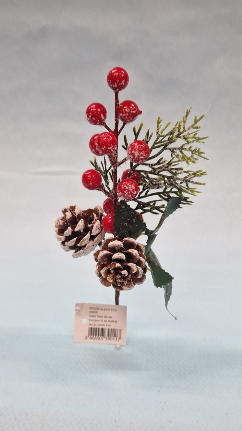 novogodišnja grana sa šišarkama i crvenim bobicama