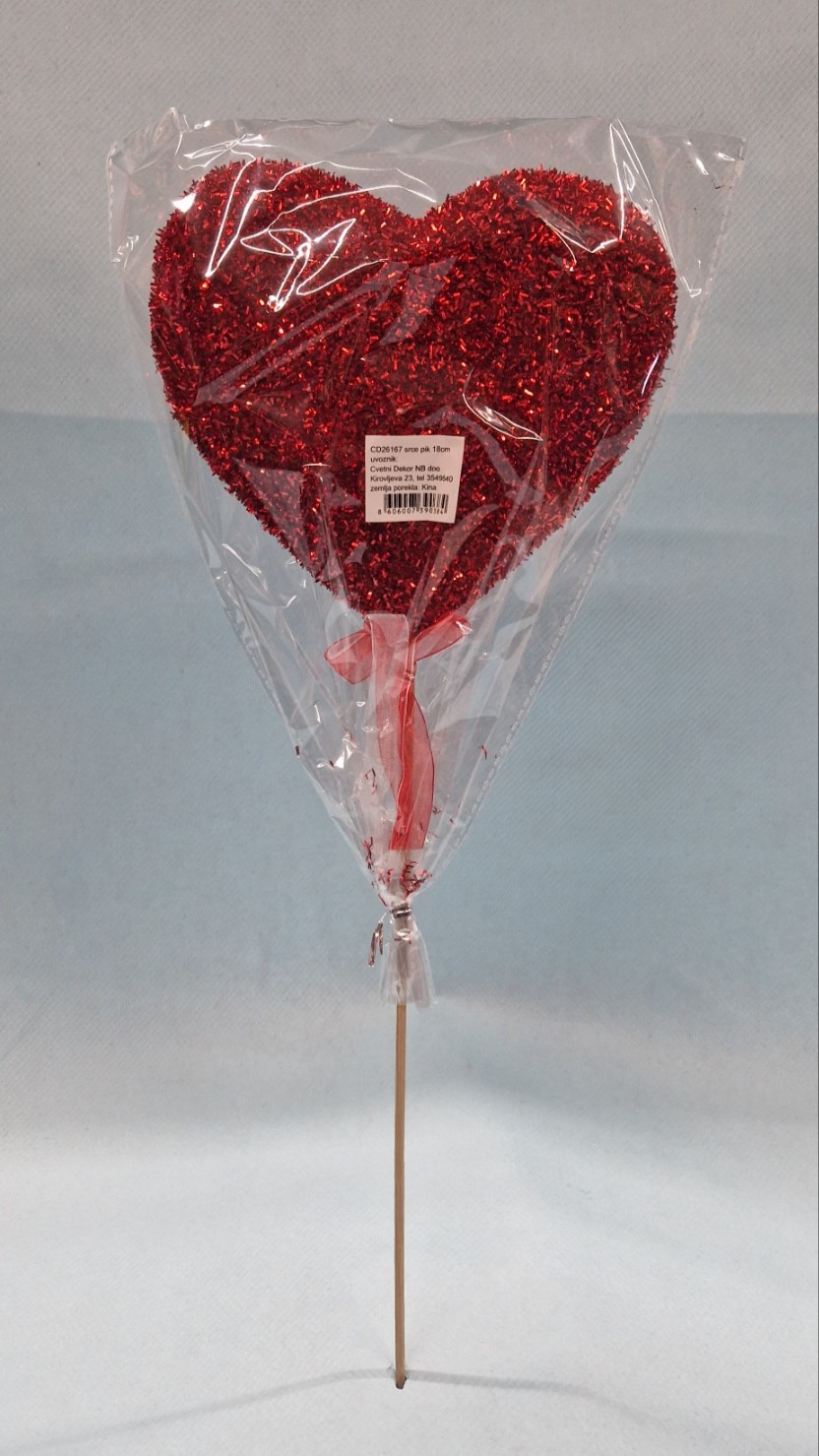 srce crvene boje sa šljokicama velikih dimenzija na štapiću i mašnicom